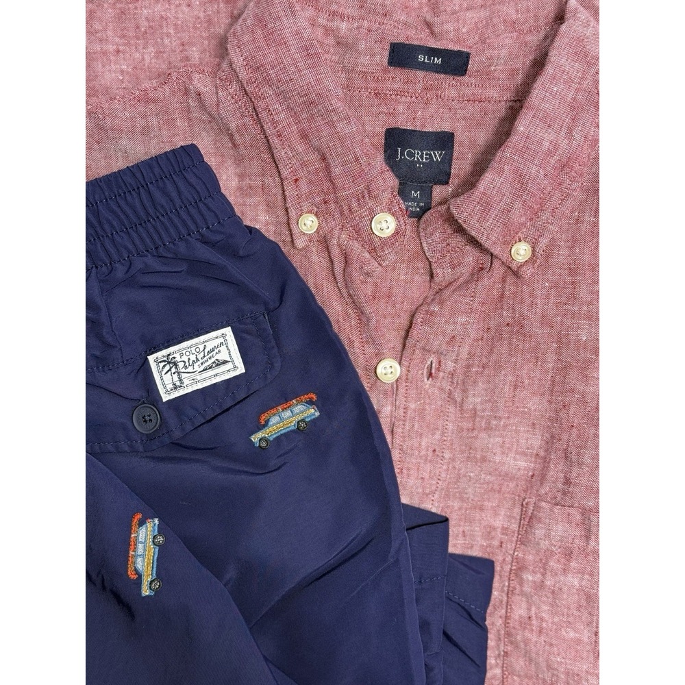 J. Crew Linen Blend Slim Fit M Shirt & POLO Ralph Lauren Wagon Swim Trunks Sz M - Picture 1 of 16